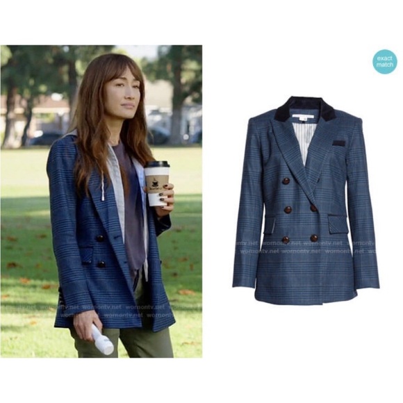 $790 VERONICA BEARD Ellette Navy Plaid Dickey Jacket black corduroy collar sz 0 - Picture 4 of 16